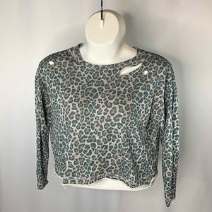 Mossimo distressed crop leopard print long sleeve scoop Neck Sweater Top Medium